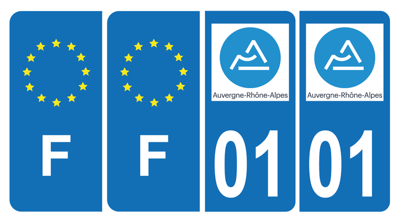 Lot de 4 Autocollants Plaque d'immatriculation Voiture 01 Auvergne Rhône Alpes Version Bis & F Europe