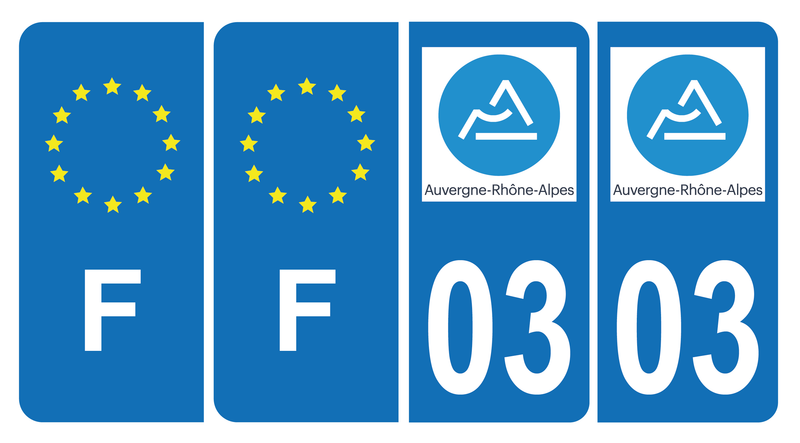 Lot de 4 Autocollants Plaque d'immatriculation Voiture 03 Auvergne Rhône Alpes Version Bis & F Europe