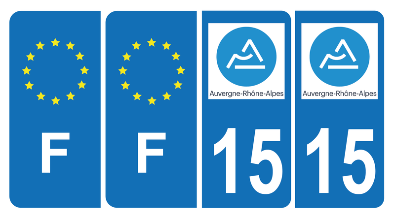 Lot de 4 Autocollants Plaque d'immatriculation Voiture 15 Auvergne Rhône Alpes Version Bis & F Europe