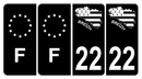 Lot 4 Autocollants Plaque d'immatriculation Voiture 22 Carte Bretagne Noir