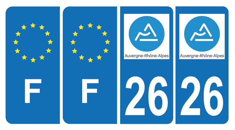 Lot de 4 Autocollants Plaque d'immatriculation Voiture 26 Auvergne Rhône Alpes Version Bis & F Europe