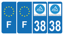 Lot de 4 Autocollants Plaque d'immatriculation Voiture 38 Auvergne Rhône Alpes Version Bis & F Europe