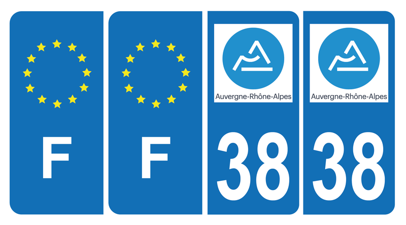 Lot de 4 Autocollants Plaque d'immatriculation Voiture 38 Auvergne Rhône Alpes Version Bis & F Europe