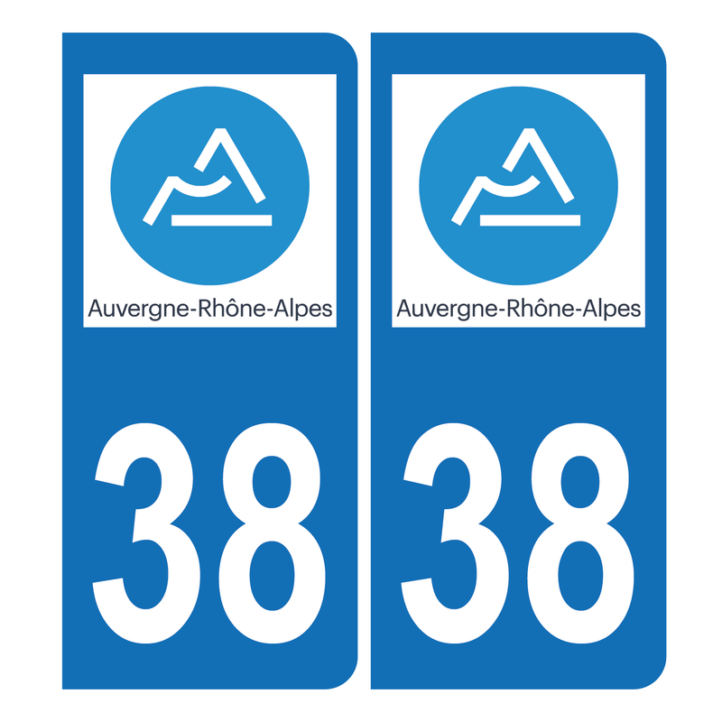 Autocollant Plaque d'immatriculation Voiture 38 Auvergne Rhône Alpes Version Bis