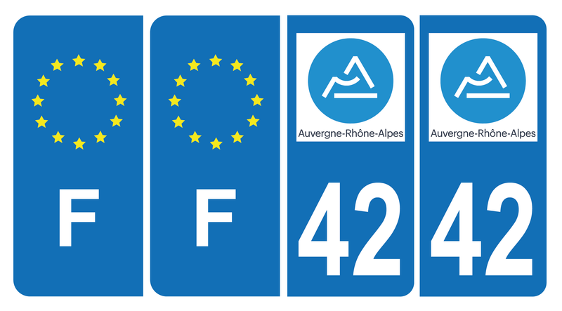 Lot de 4 Autocollants Plaque d'immatriculation Voiture 42 Auvergne Rhône Alpes Version Bis & F Europe