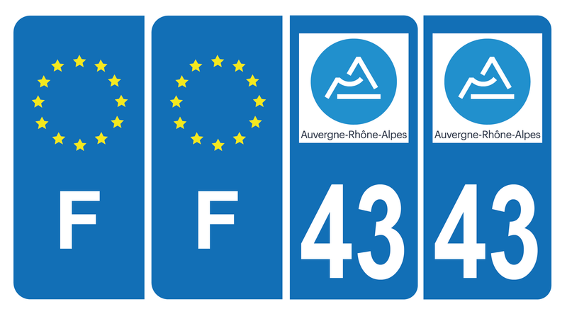Lot de 4 Autocollants Plaque d'immatriculation Voiture 43 Auvergne Rhône Alpes Version Bis & F Europe