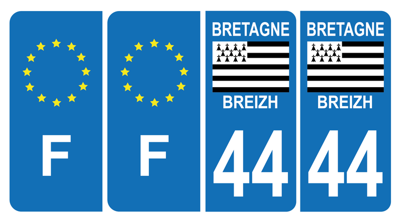 Lot 4 Autocollants Plaque d'immatriculation Voiture Département 44 Breizh