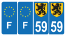 Lot de 4 Autocollants Plaque d'immatriculation Voiture 59 Blason des Flandres & F Europe