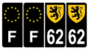 Lot de 4 Autocollants Plaque d'immatriculation Voiture 62 Blason des Flandres & F Europe