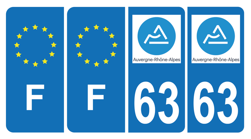 Lot de 4 Autocollants Plaque d'immatriculation Voiture 63 Auvergne Rhône Alpes Version Bis & F Europe