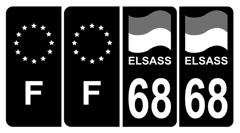 Lot 4 Autocollants Plaque d'immatriculation Voiture 68 Alsace Elsass Drapeau Noir