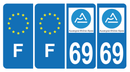 Lot de 4 Autocollants Plaque d'immatriculation Voiture 69 Auvergne Rhône Alpes Version Bis & F Europe