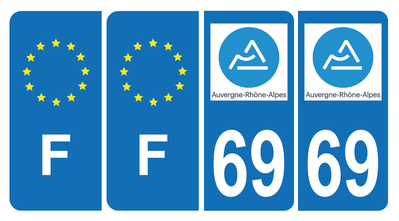 Lot de 4 Autocollants Plaque d'immatriculation Voiture 69 Auvergne Rhône Alpes Version Bis & F Europe