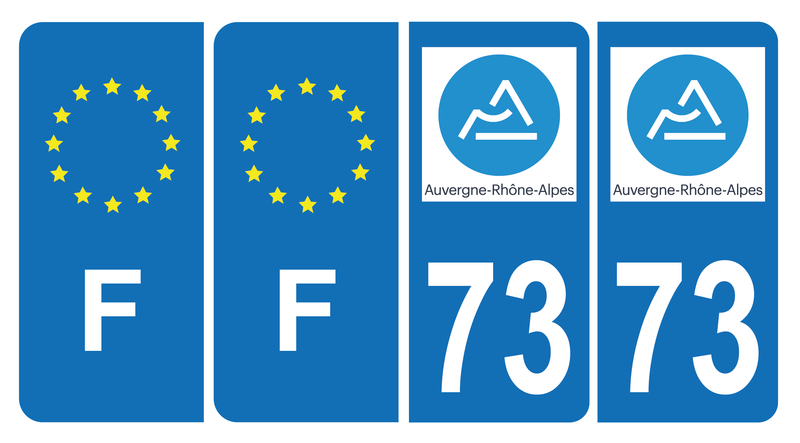 Lot de 4 Autocollants Plaque d'immatriculation Voiture 73 Auvergne Rhône Alpes Version Bis & F Europe