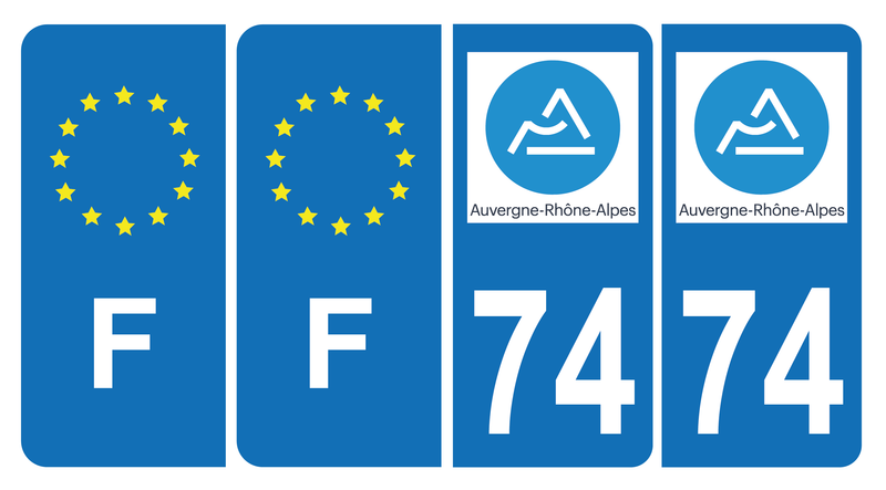Lot de 4 Autocollants Plaque d'immatriculation Voiture 74 Auvergne Rhône Alpes Version Bis & F Europe