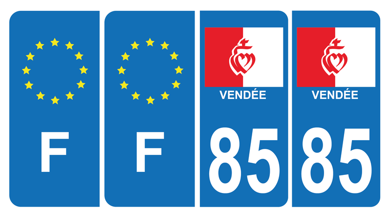 Lot de 4 Autocollants Plaque d'immatriculation Voiture 85 Drapeau Vendéen Bis & F Europe