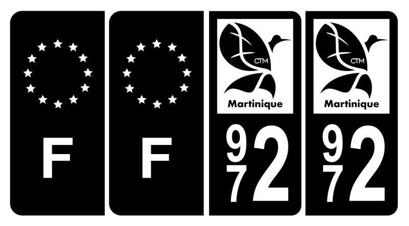Lot 4 Autocollants Plaque d'immatriculation 972 Martinique Bis Noir