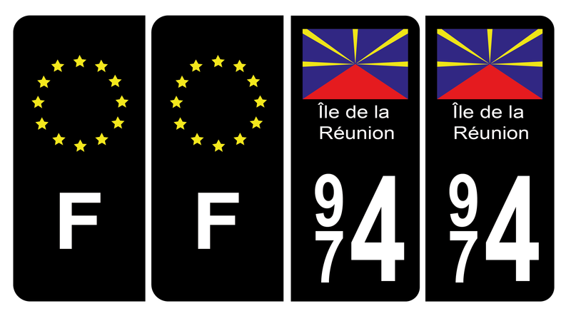 Lot 4 Autocollants Plaque d'immatriculation 974 Ile de la Réunion Bis