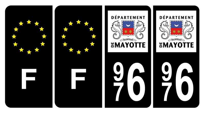 Lot 4 Autocollants Plaque d'immatriculation 976 Mayotte Noir