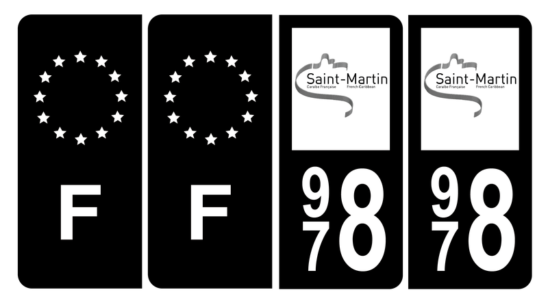Lot 4 Autocollants Plaque d'immatriculation 978 Saint Martin Noir
