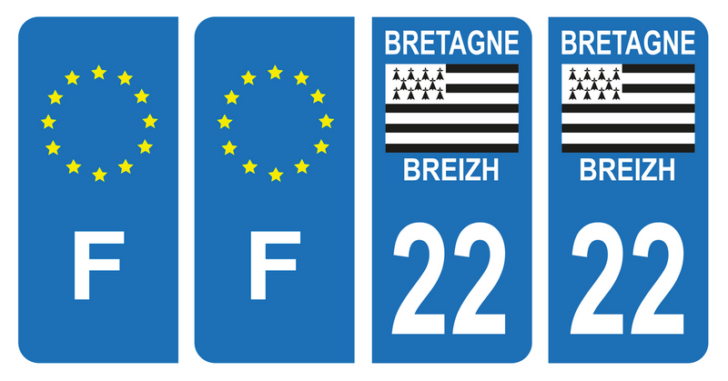 Lot 4 Autocollants Plaque d'immatriculation Voiture Département 22 Breizh