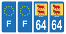 Lot 4 Autocollants Plaque d'immatriculation Voiture 64 Béarn