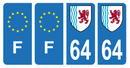 Lot 4 Autocollants Plaque d'immatriculation Voiture Département 64