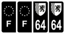Lot 4 Autocollants Plaque d'immatriculation Voiture Département 64 Noir