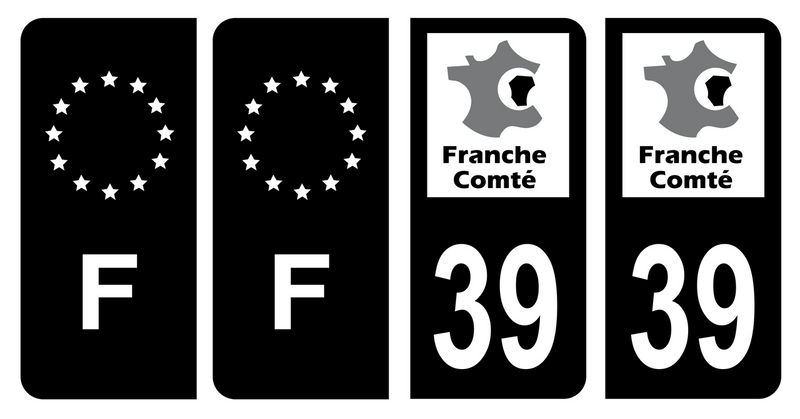 Lot 4 Autocollants Plaque d'immatriculation Voiture Ancienne Région 39 Noir