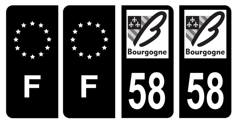 Lot 4 Autocollants Plaque d'immatriculation Voiture Ancienne Région 58 Noir