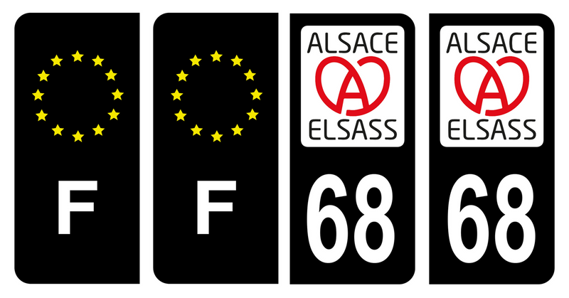 Lot 4 Autocollants Plaque d'immatriculation Voiture Elsass 68 Noir