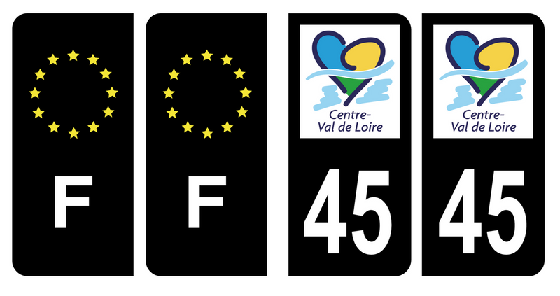 Set Di 2 Adesivi Per Targa Auto - Dipartimento 45 Regione Centre-Val De Loire - Dimensioni Ufficiali 9,7x4,5 Cm, Vinile Lucido, Prodotto In Francia