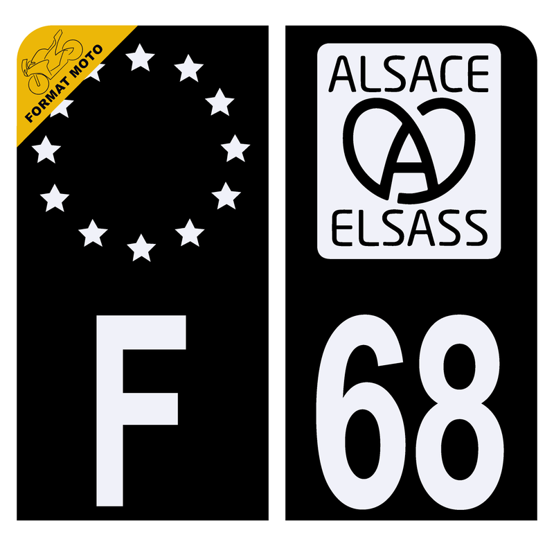 Autocollant Plaque d'immatriculation Moto Département 68 Elsass Alsace Noir
