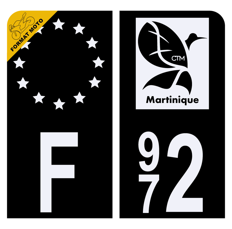 Autocollant Plaque d’immatriculation Moto 972 Martinique DROM Version Bis Noir