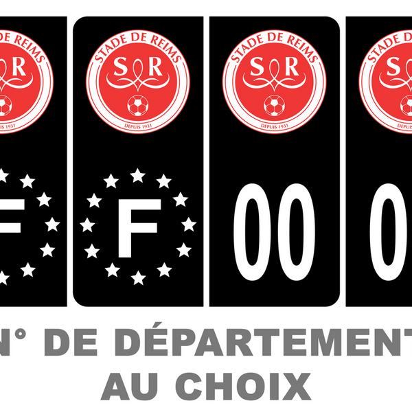 Pack De 4 Autocollants Plaque Immatriculation Stade De Reims - Noir, Personnalisable Avec Numéro De Département (45x100mm)